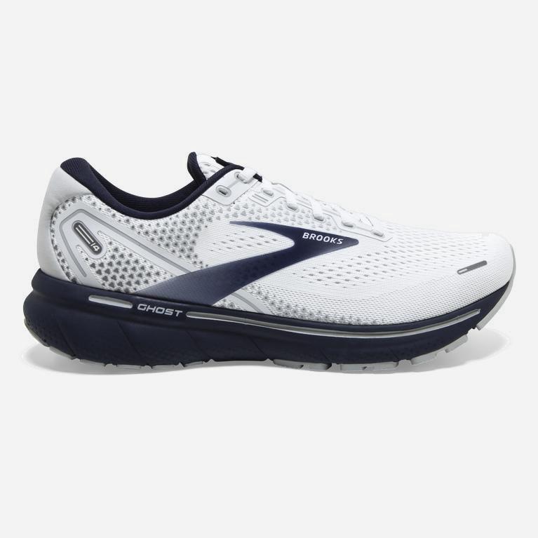 Brooks Ghost 14 Mens Cushioned Road Running Shoes - White/Grey/Navy - Philippines (892415TCS)